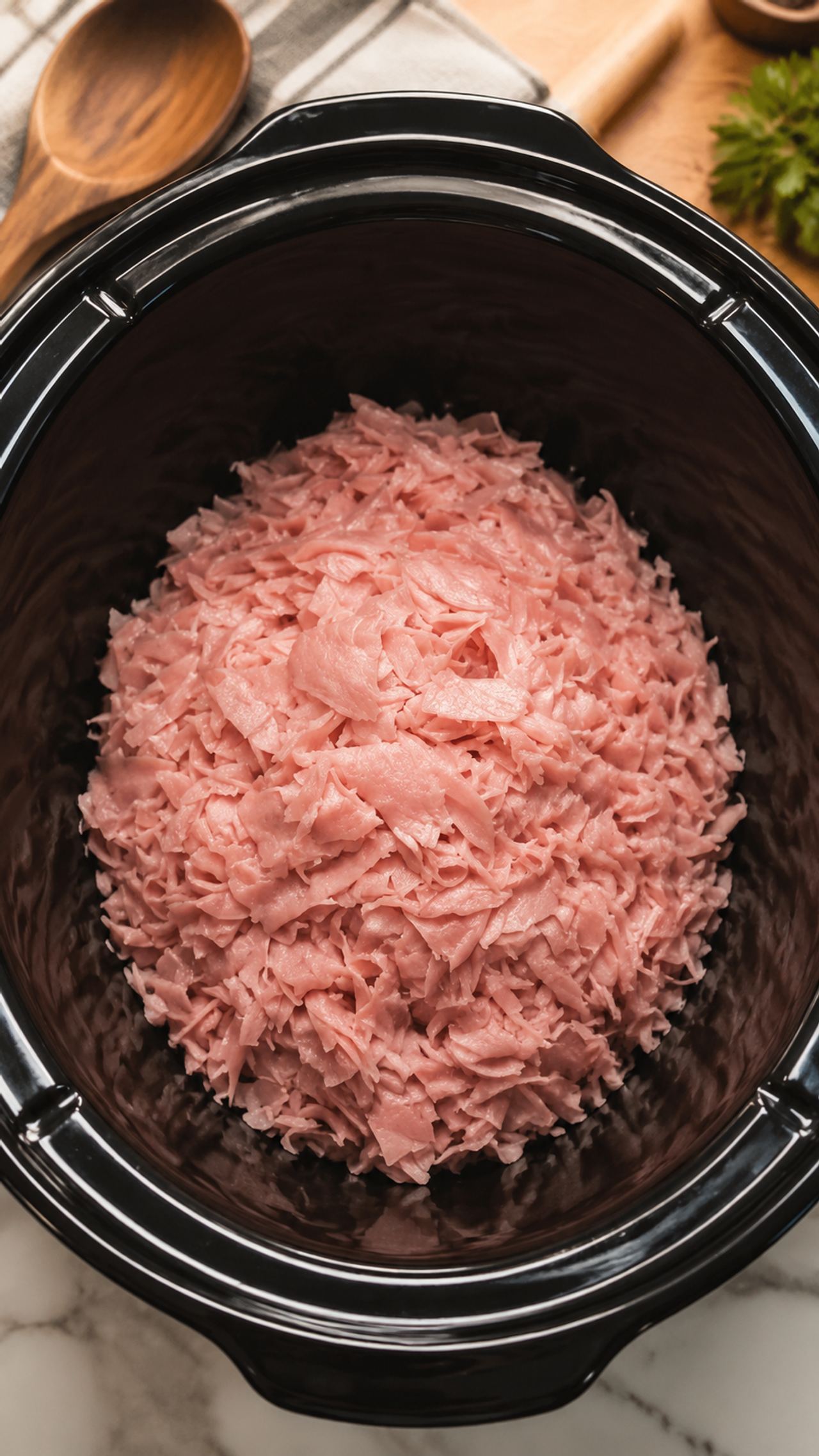 Toss a pile of shaved deli ham into the slow cooker with 3 other ingredients, and you’ll g