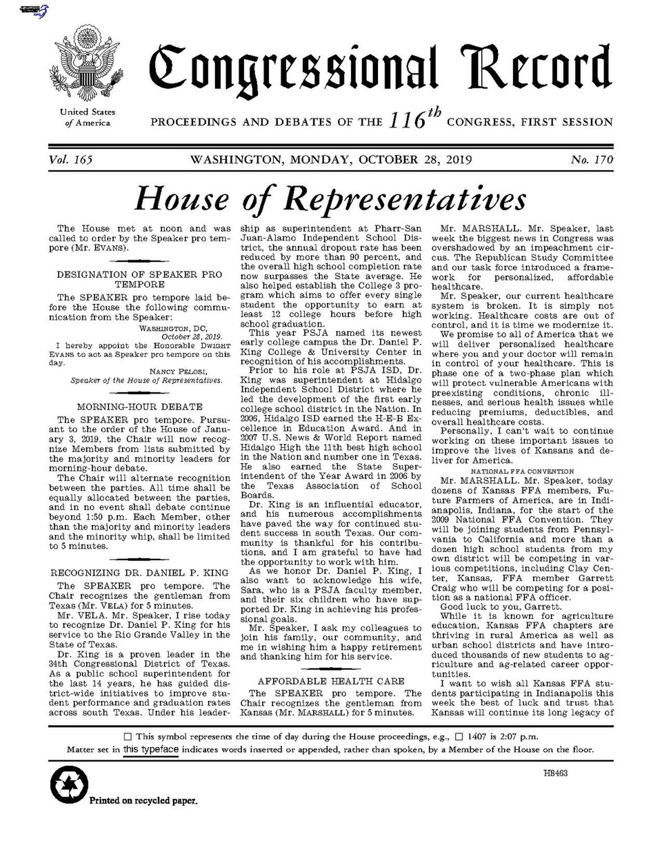 Congressional Record Volume 165, Issue 170, 2019-10-28