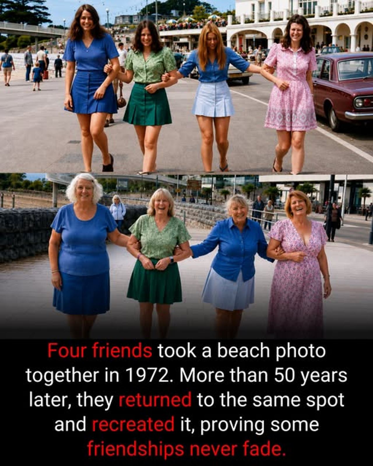 Four friends recreate a seaside moment 50 years later