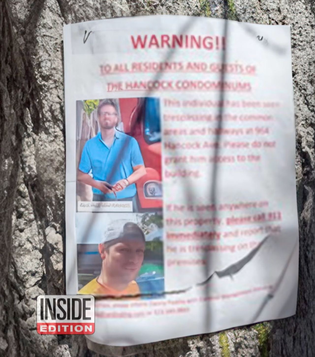 The HOA posted notices in late August 2025 urging residents to call police or 911 if they spotted Brian Hickerson on the property. The warnings remained up for about a week before being removed. | Source: YouTube/Inside Edition