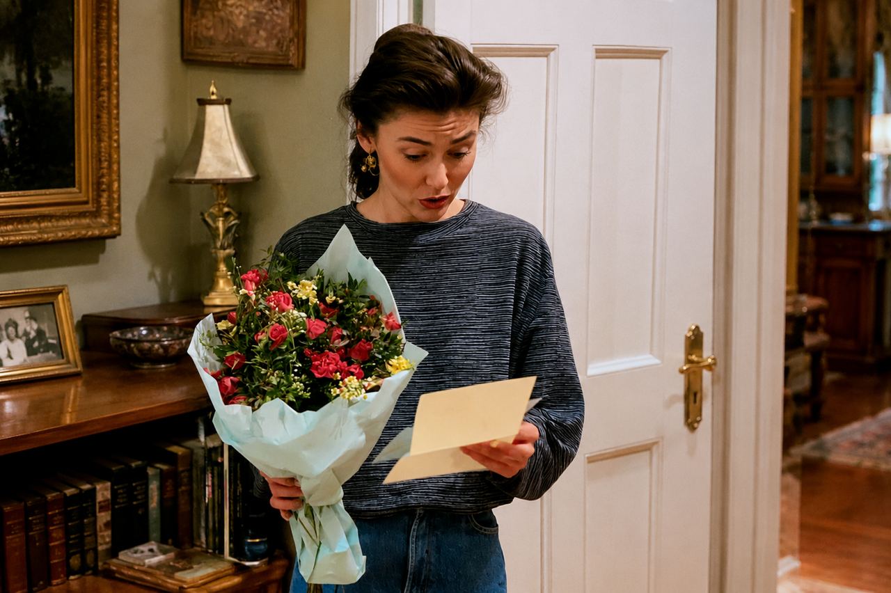 A woman holding flowers and a note | Source: AmoMedia