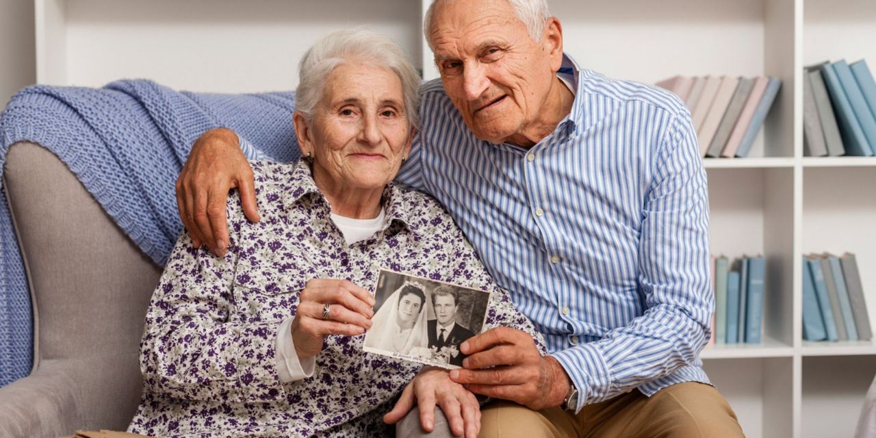 A senior couple holding their wedding photo | Source: Freepik