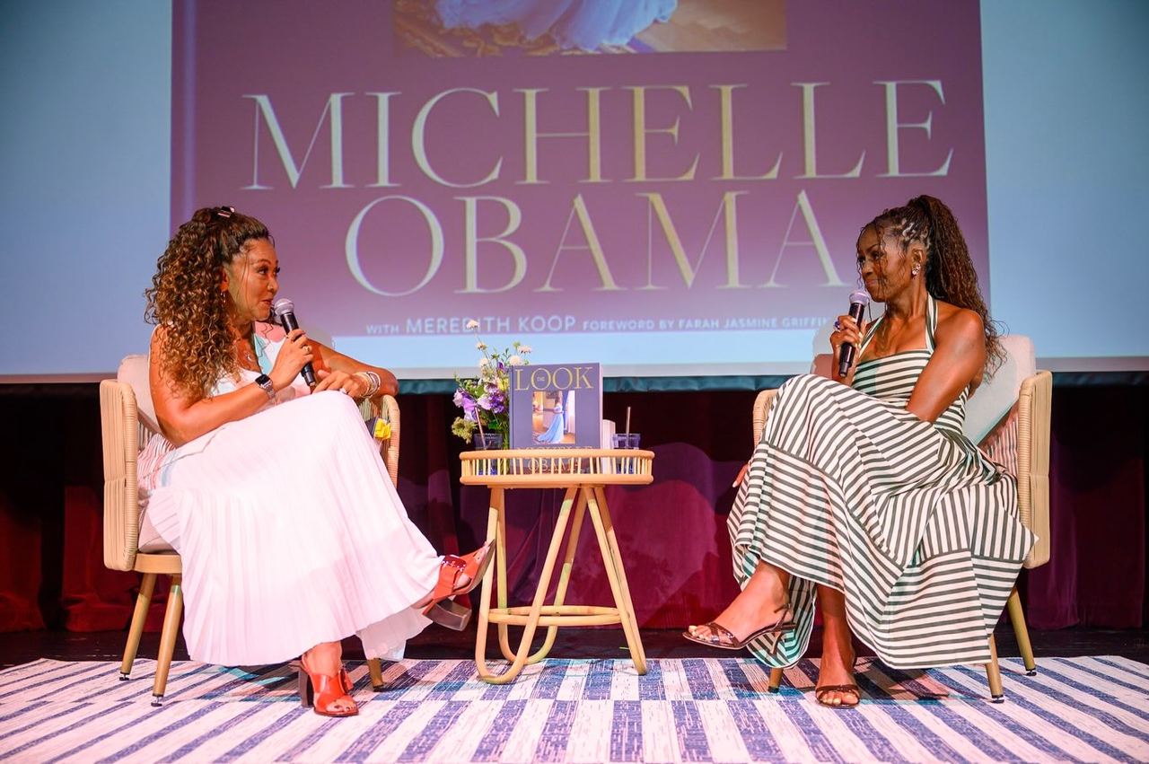 Obama was joined on stage by journalist and fellow summer islander Michele Norris, senior contributing editor at MSNBC and founder of The Race Card Project. The pair engaged in two intimate discussions focused on Obama's expansive new book, "The Look." | Source Instagram/michelleobama