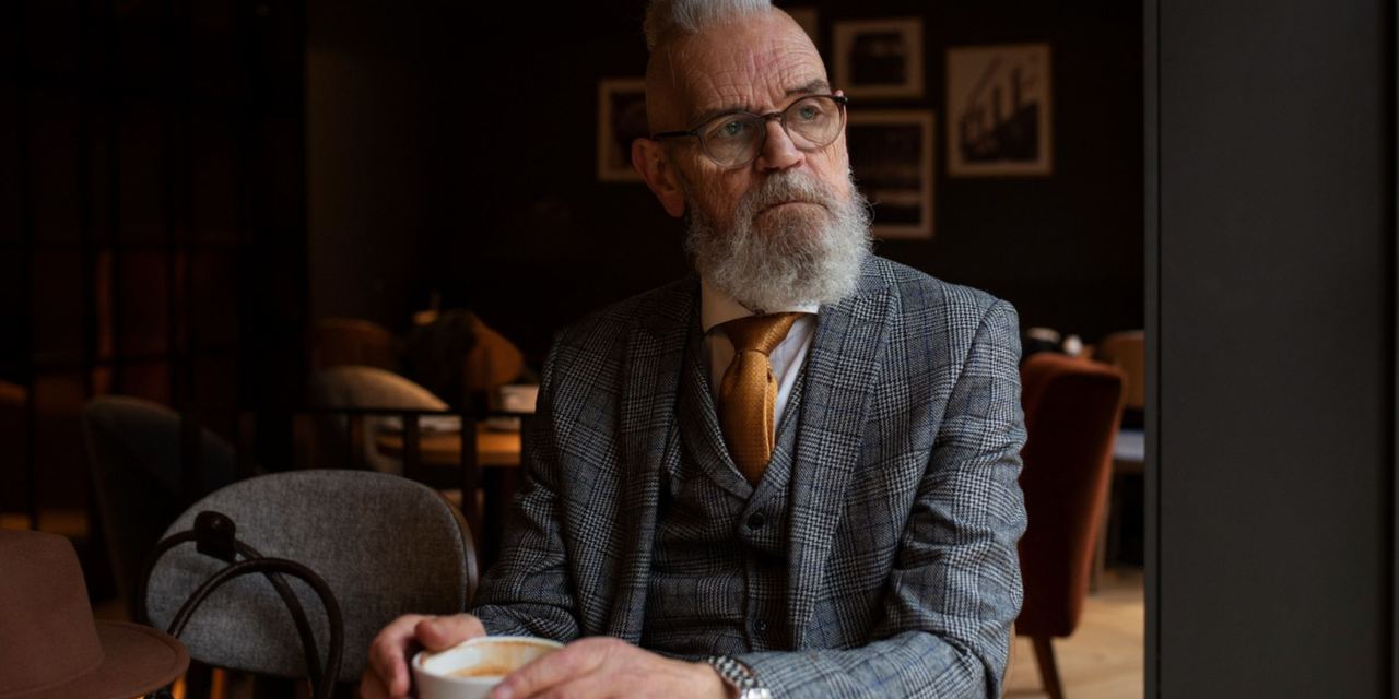 An older man with a white beard and glasses in a gray plaid suit, holding a cup of coffee in a café | Source: Magnific
