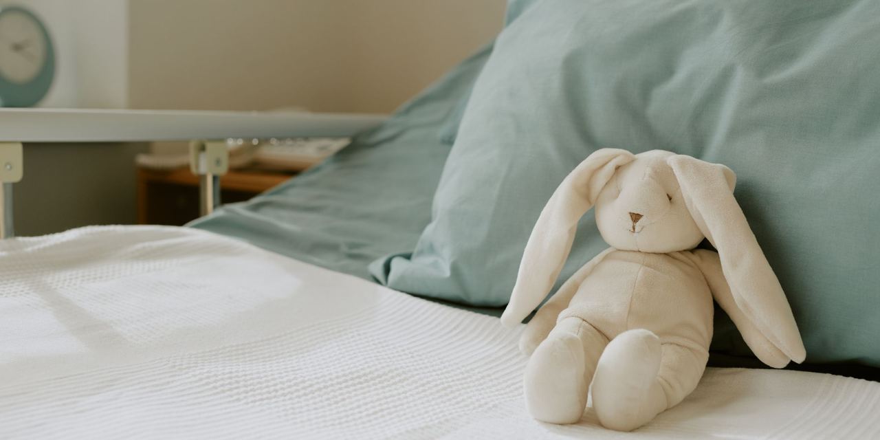 Fluffy plush bunny sitting on a hospital bed | Source: Shutterstock