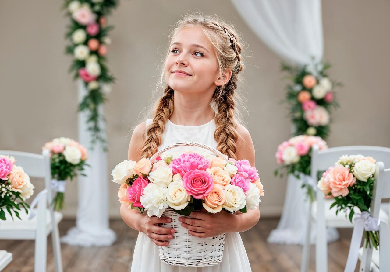 Flower girl with braids and bouquet | Source: Magnific