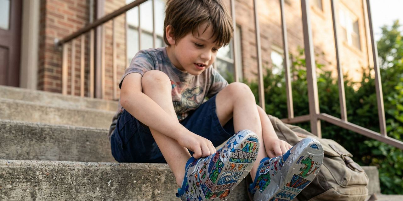 A happy boy wearing taped-up sneakers | Source: Barabola
