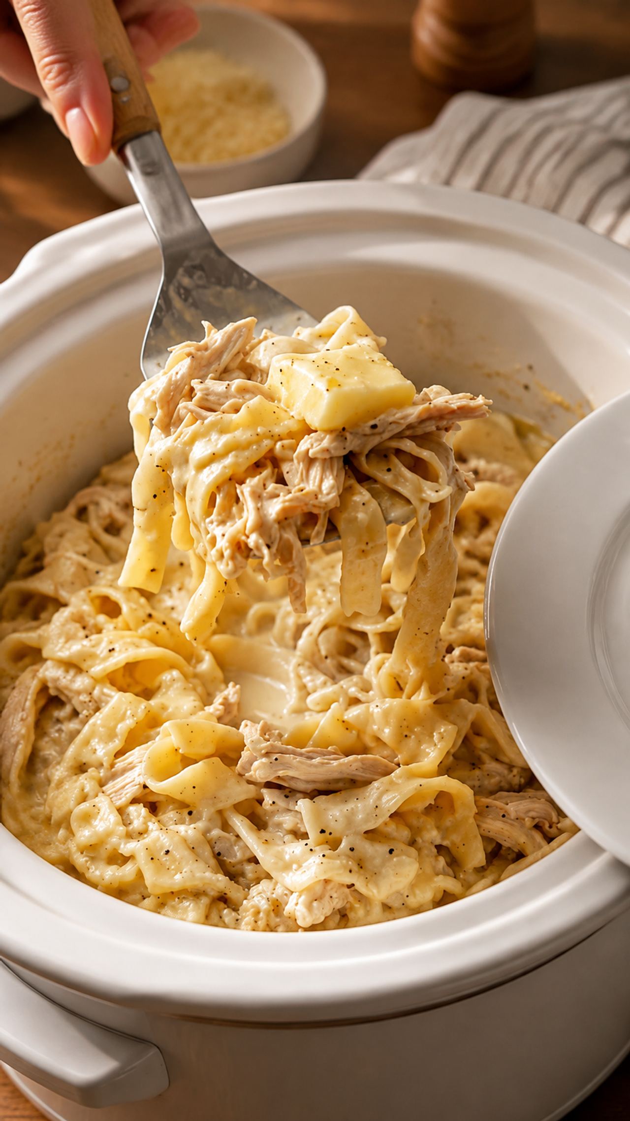 My grandma makes this every winter and it disappears in minutes. The thick noodles and cre