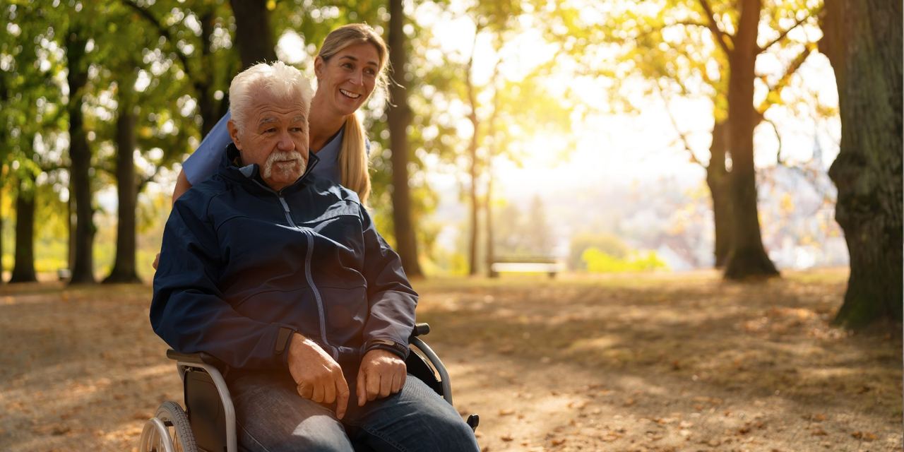 A young woman pushing an elderly man's wheelchair along a sunlit park path | Source: Shutterstock
