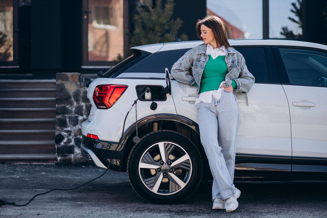 Woman charging her electric car with charging pistol | Source: Magnific
