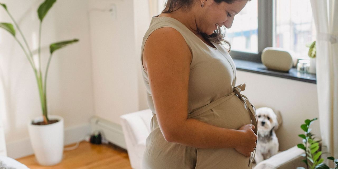 A pregnant woman gently cradling her baby bump while smiling, with a small dog watching in the background | Source: Pexels