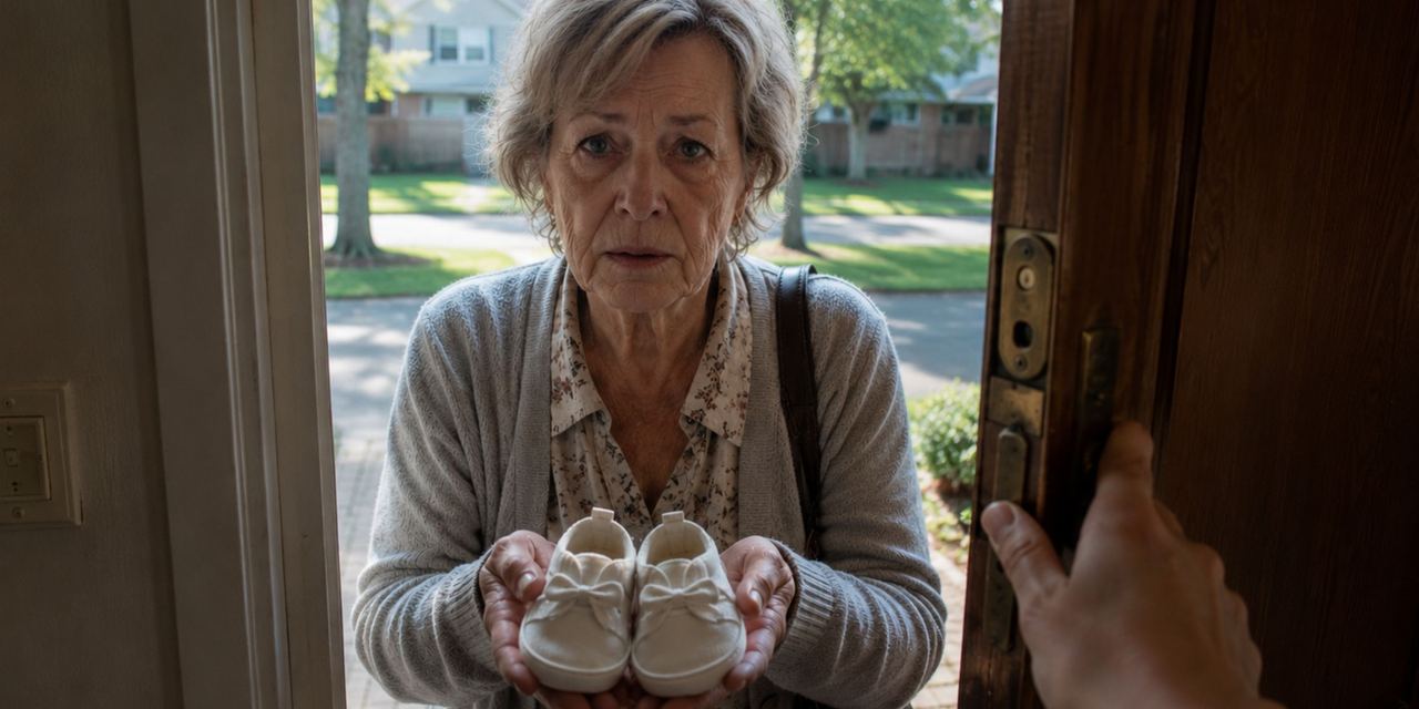 An elderly woman holds out baby shoes at the doorstep | Source: Amomedia