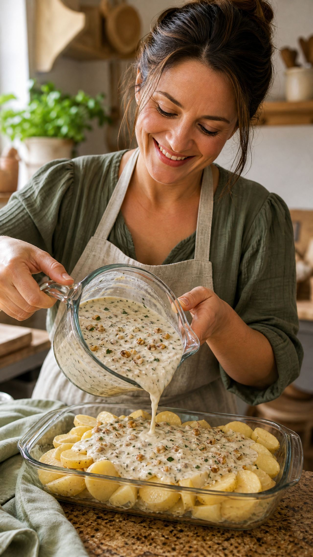 Pour this 1 creamy pour-over over potatoes into a glass casserole dish for a cozy winter s