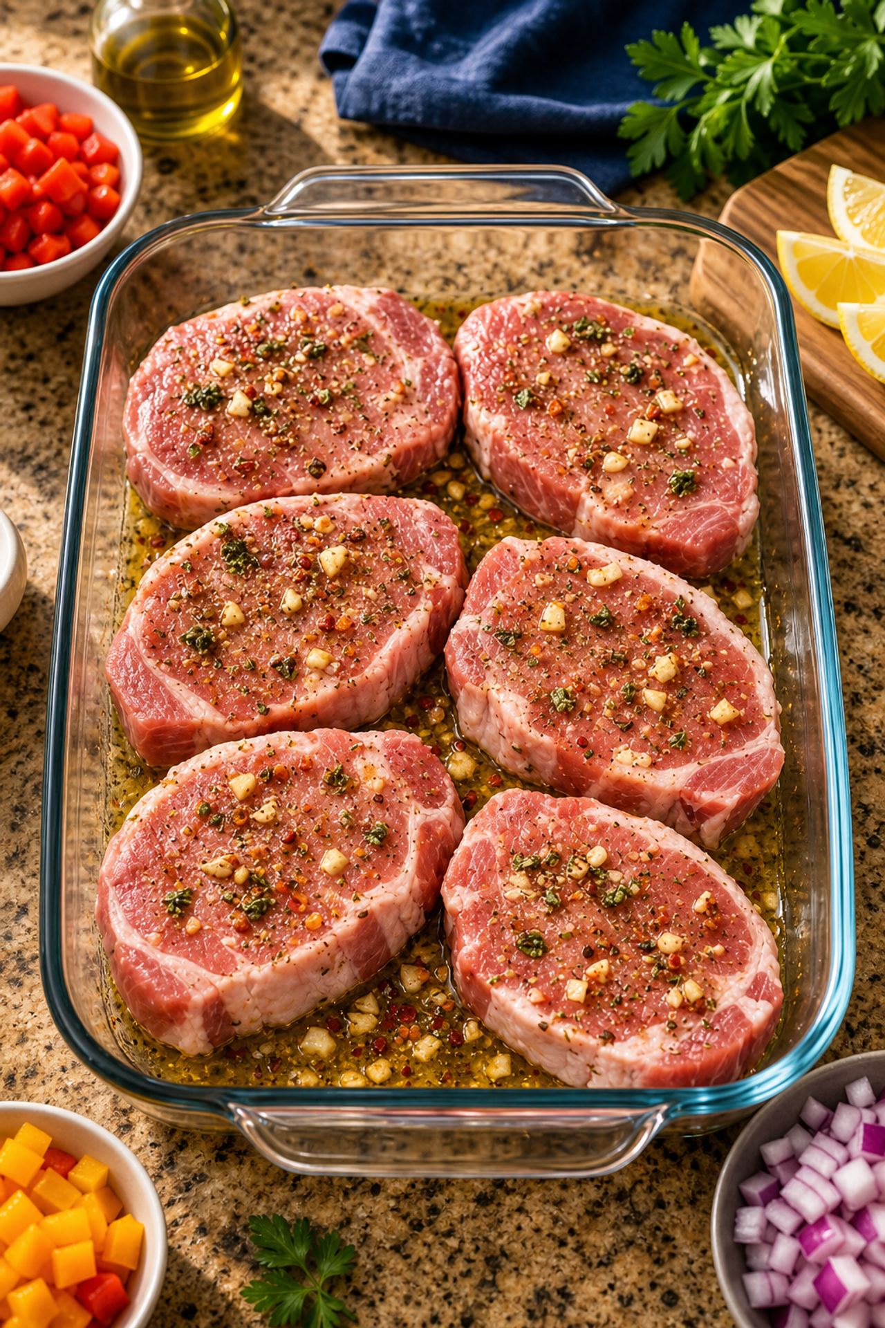 Toss raw boneless pork chops into a glass casserole dish with 4 other ingredients to make 