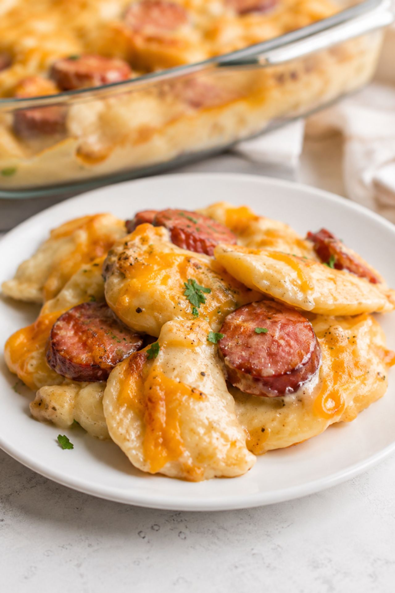 Baked Pierogi and Kielbasa Casserole
