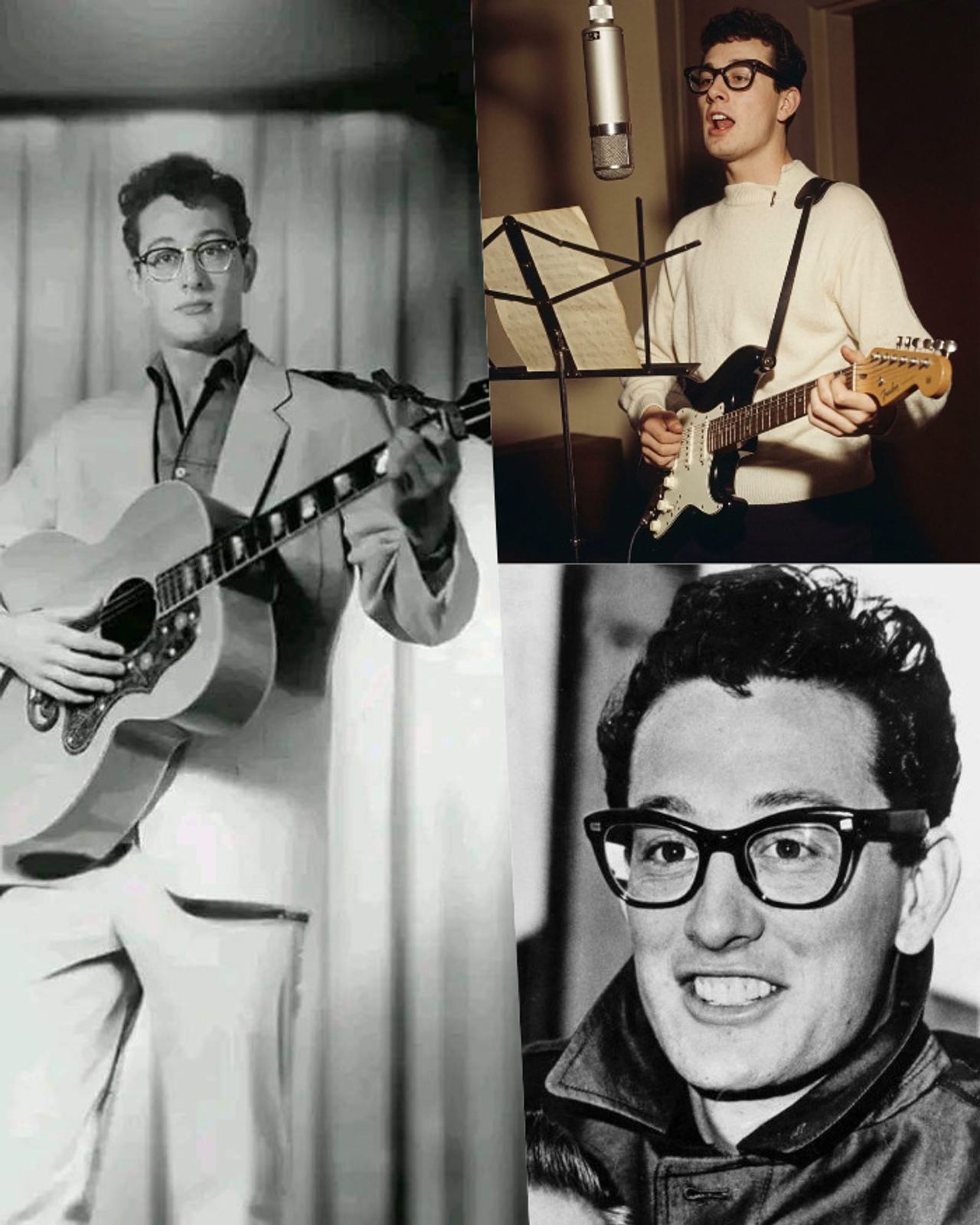 Buddy Holly wore thick black glasses and held a sunburst Fender Stratocaster, proving that a skinny kid from Texas could