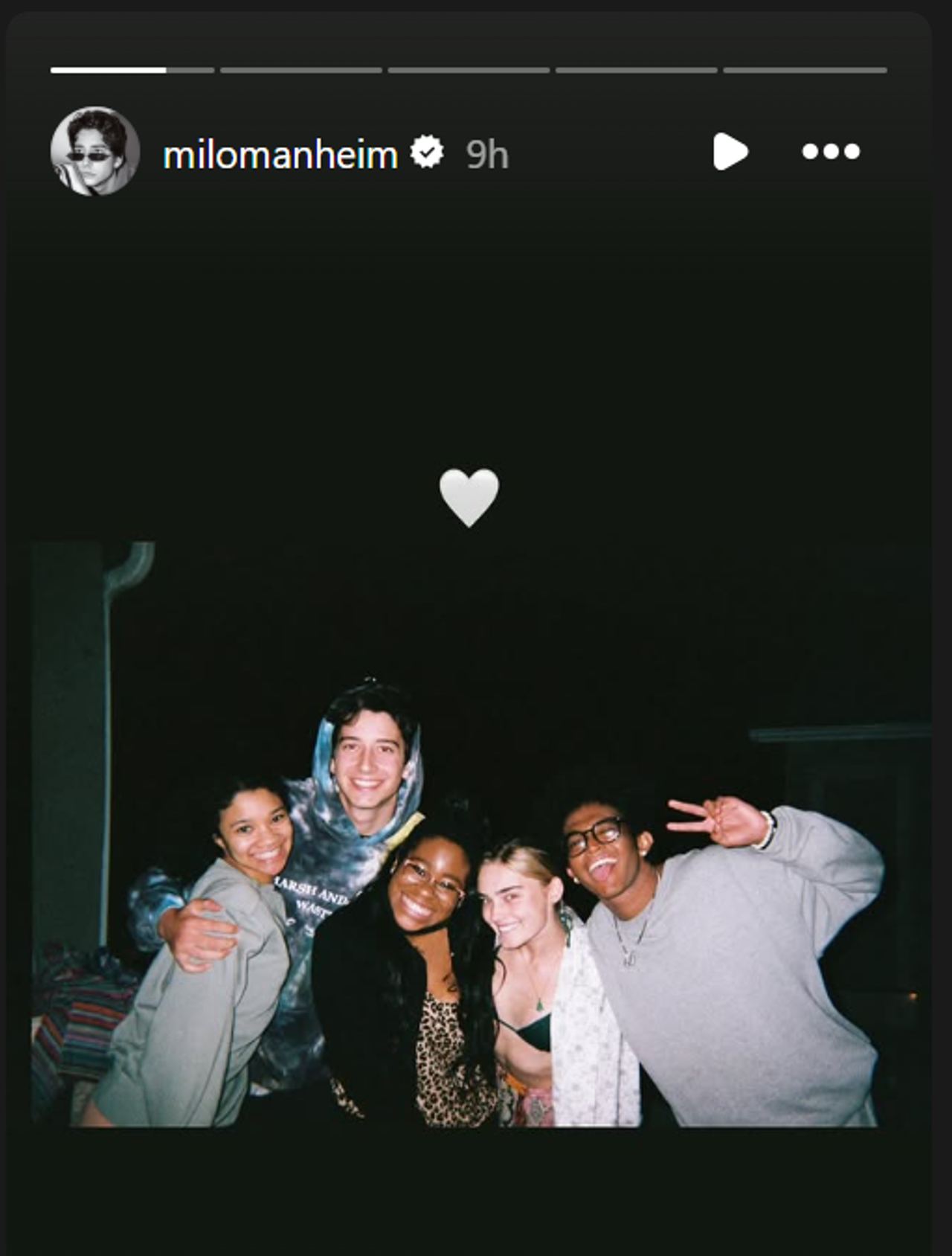 Milo Manheim shared a throwback group photo with Carla Jeffery and friends, capturing a relaxed moment away from the Zombies set as he remembered his late co-star. | Source: Instagram/milomanheim