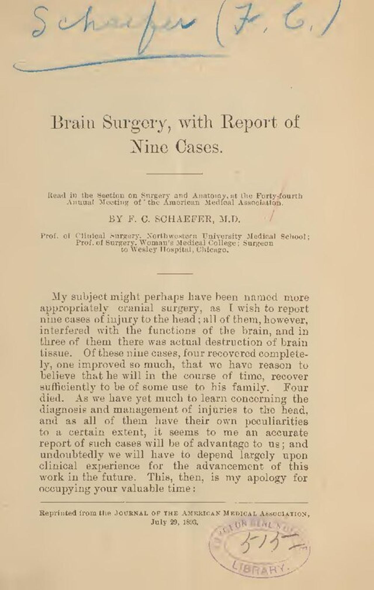 Brain surgery, with report of nine cases - read in the Section on Surgery and Anatomy at the Forty-fourth Annual Meeting of the American Medical Association (IA 101752205.nlm.nih.gov)