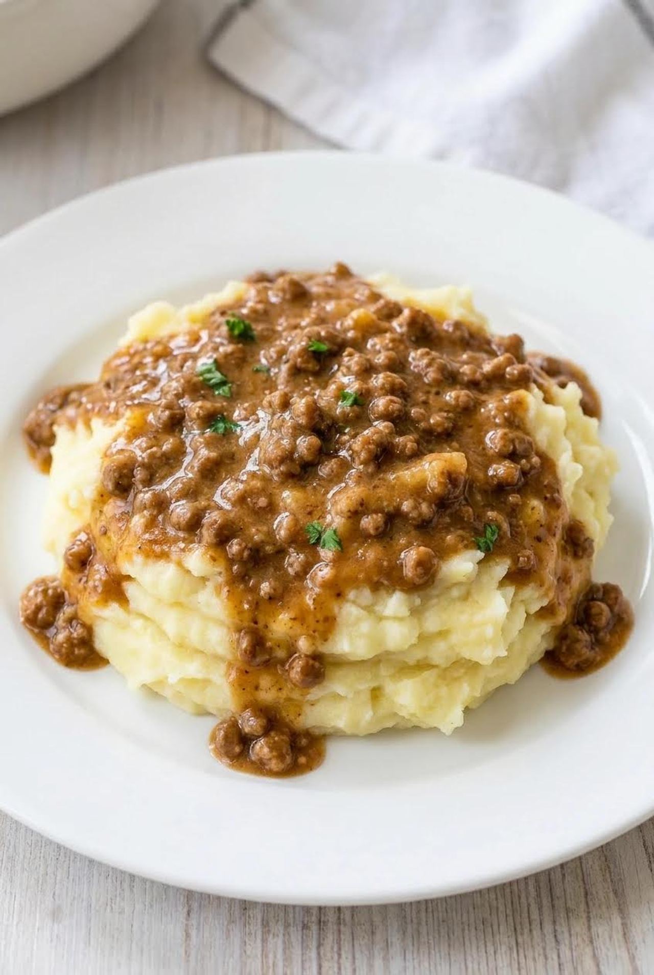 Ground Beef and Gravy Over Mashed Potatoes