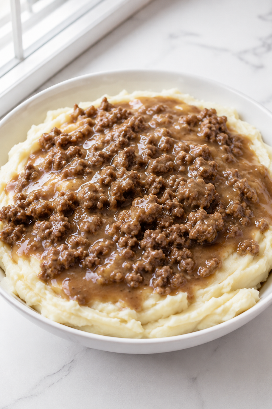 Ground Beef and Gravy Over Mashed Potatoes