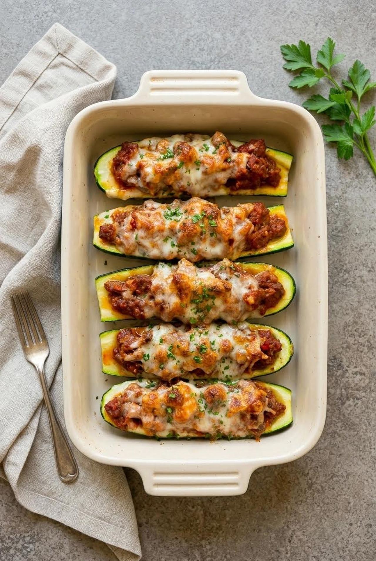 Ground Beef-Stuffed Zucchini