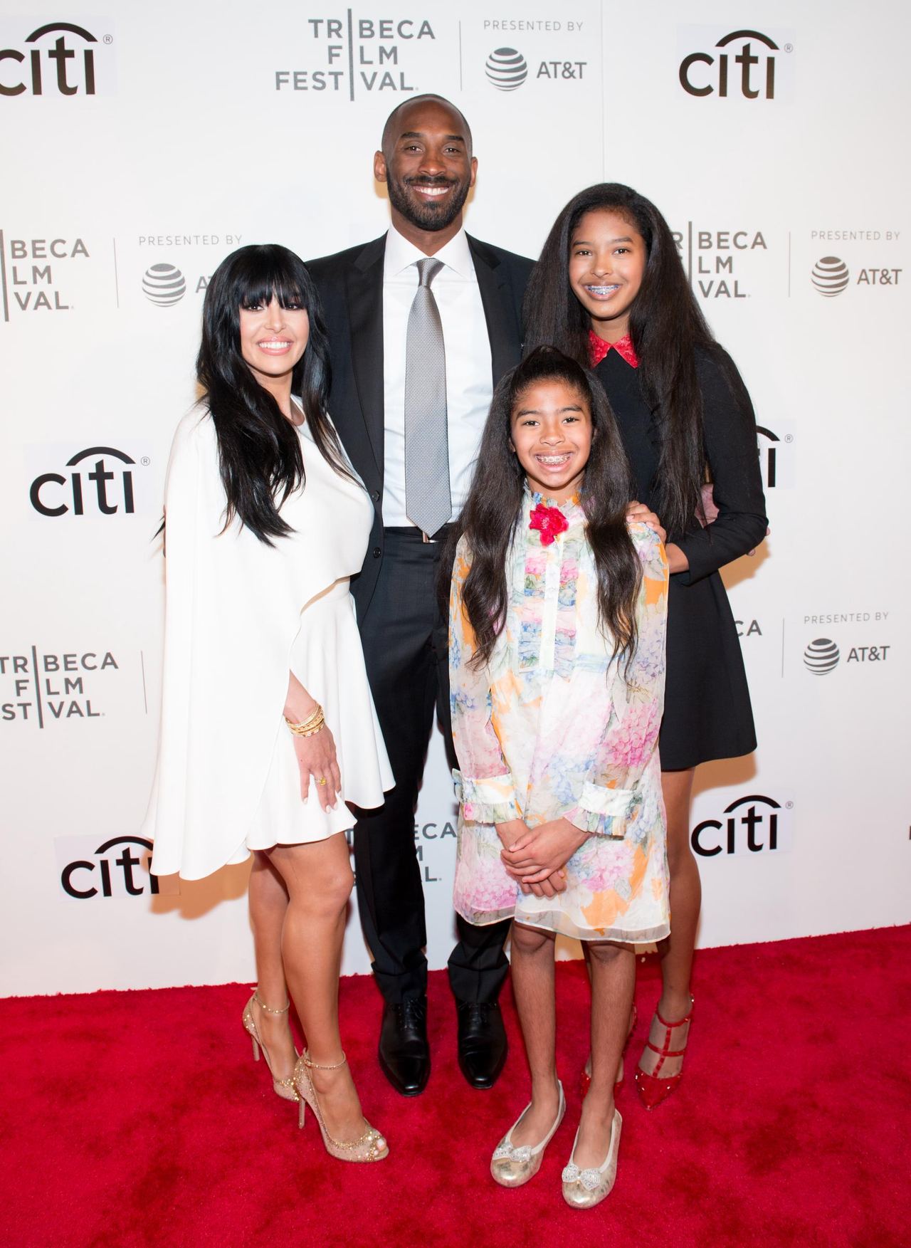 Vanessa Laine Bryant and Kobe Bryant stand with daughters Gianna Maria-Onore Bryant and Natalia Diamante Bryant at the Tribeca Film Festival event celebrating Kobe’s storytelling work, with the family smiling together on the red carpet.