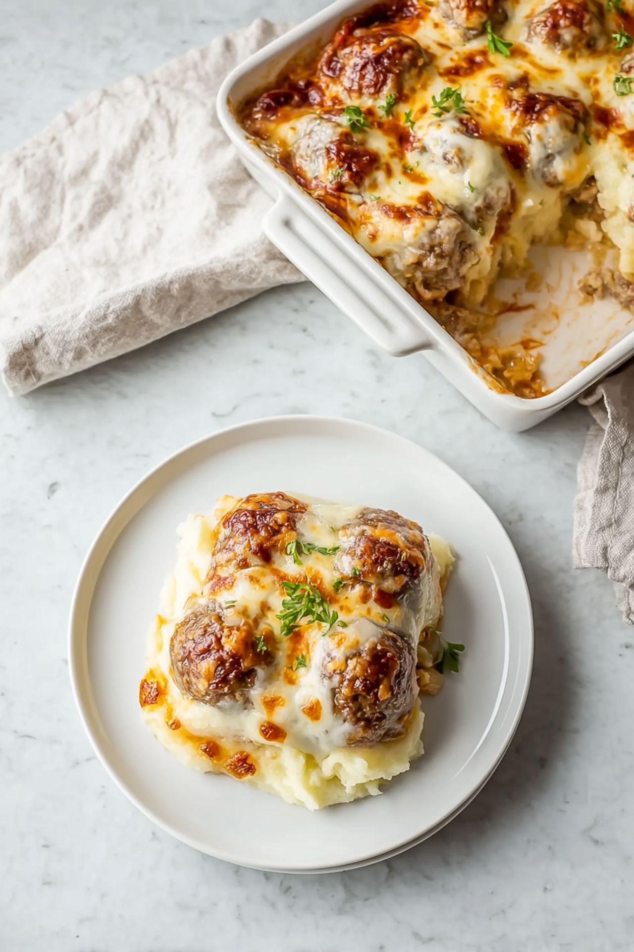 Loaded Mashed Potato and Meatball Casserole