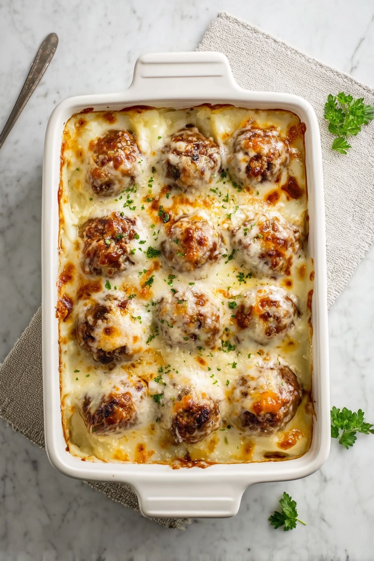 Loaded Mashed Potato and Meatball Casserole