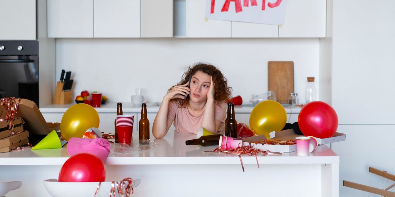 A tired young woman sitting alone in a messy kitchen after a party | Source: Magnific