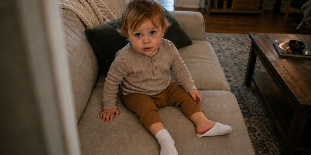 A baby boy sitting on a sofa with one loose sock | Source: Amomedia