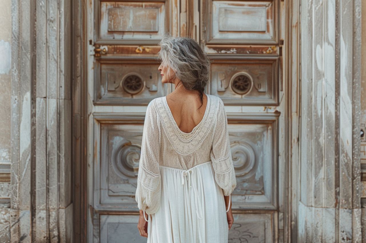 A woman standing in front of double doors | Source: Midjourney