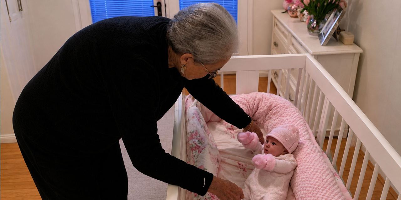 A grandmother gently checks on her baby granddaughter in a pink nursery | Source: Amomama