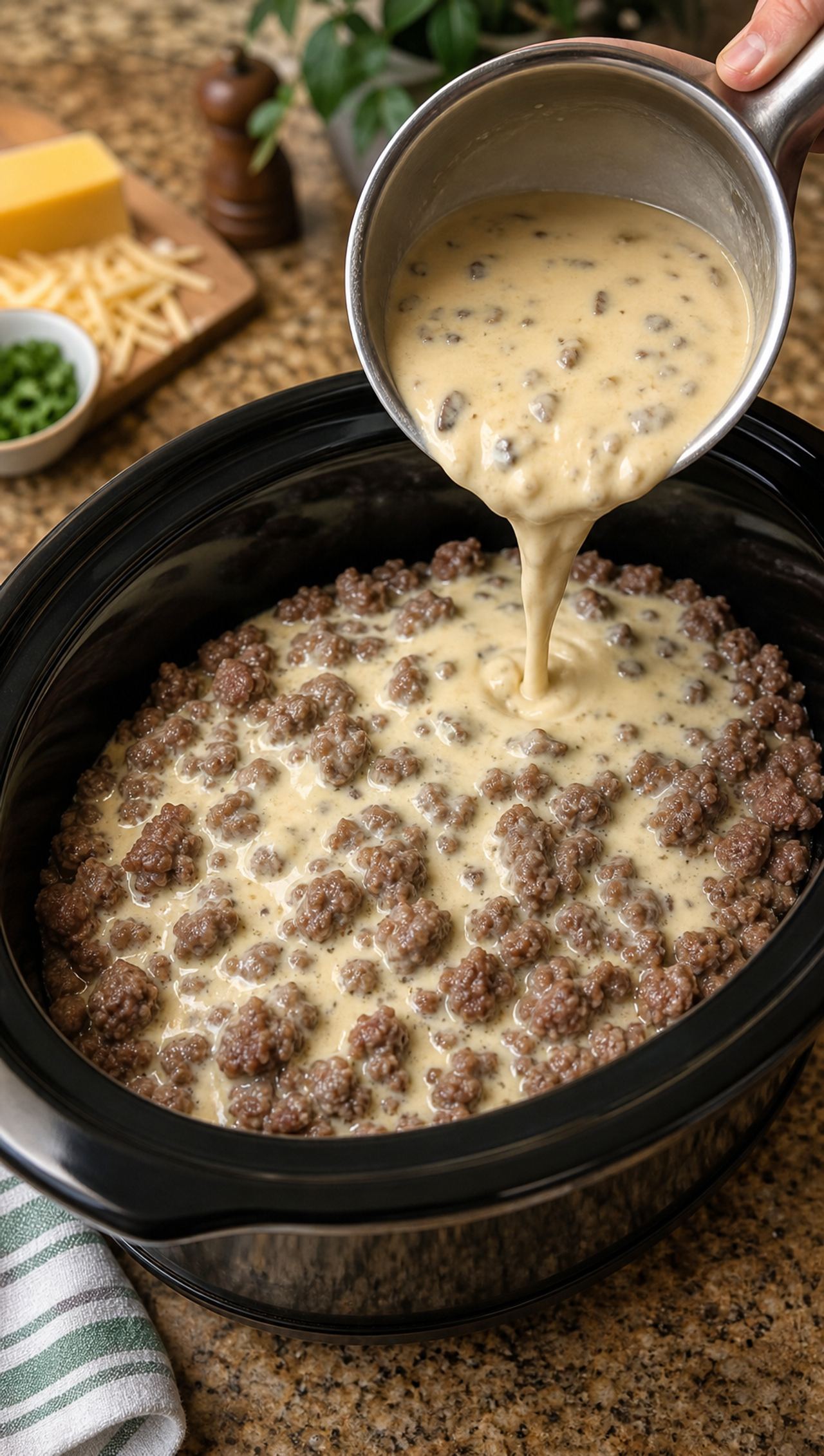 Pour cream of mushroom soup over raw ground beef, along with 4 ingredients, into the slow