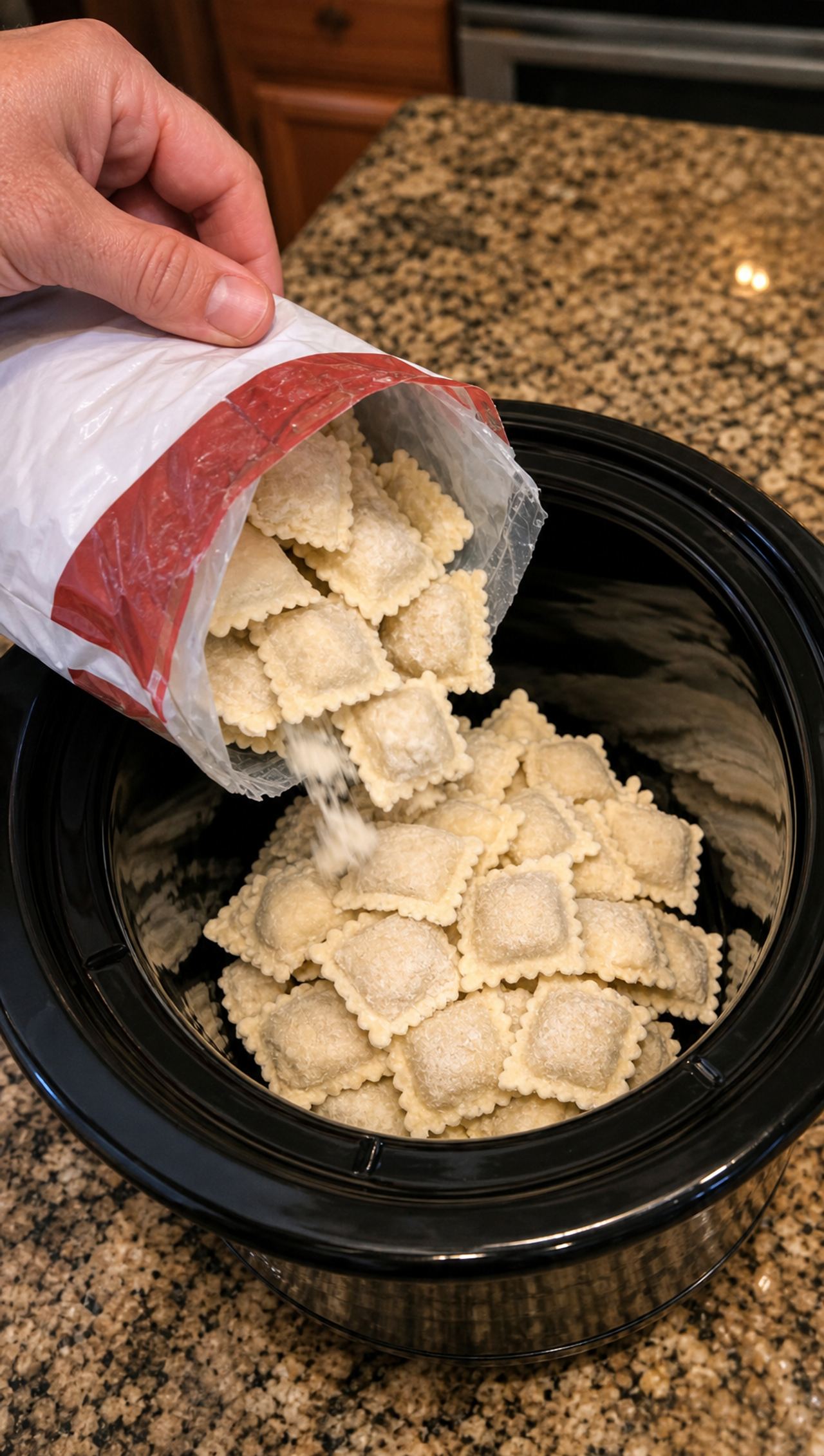 Add an entire bag of frozen ravioli to the crock with 3 more ingredients for a supper your