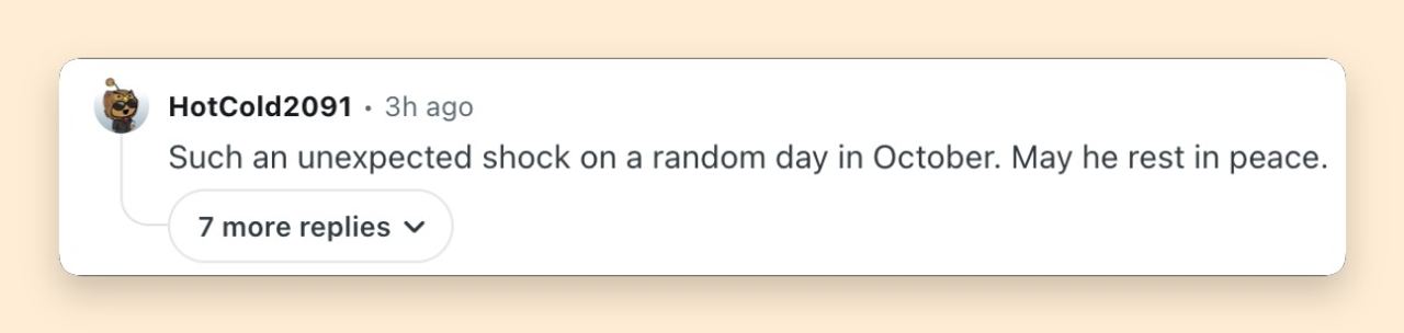 A fan reacts to the unexpected news of RJ Mitte's death and offers condolences. | Source: reddit/r/breakingbad