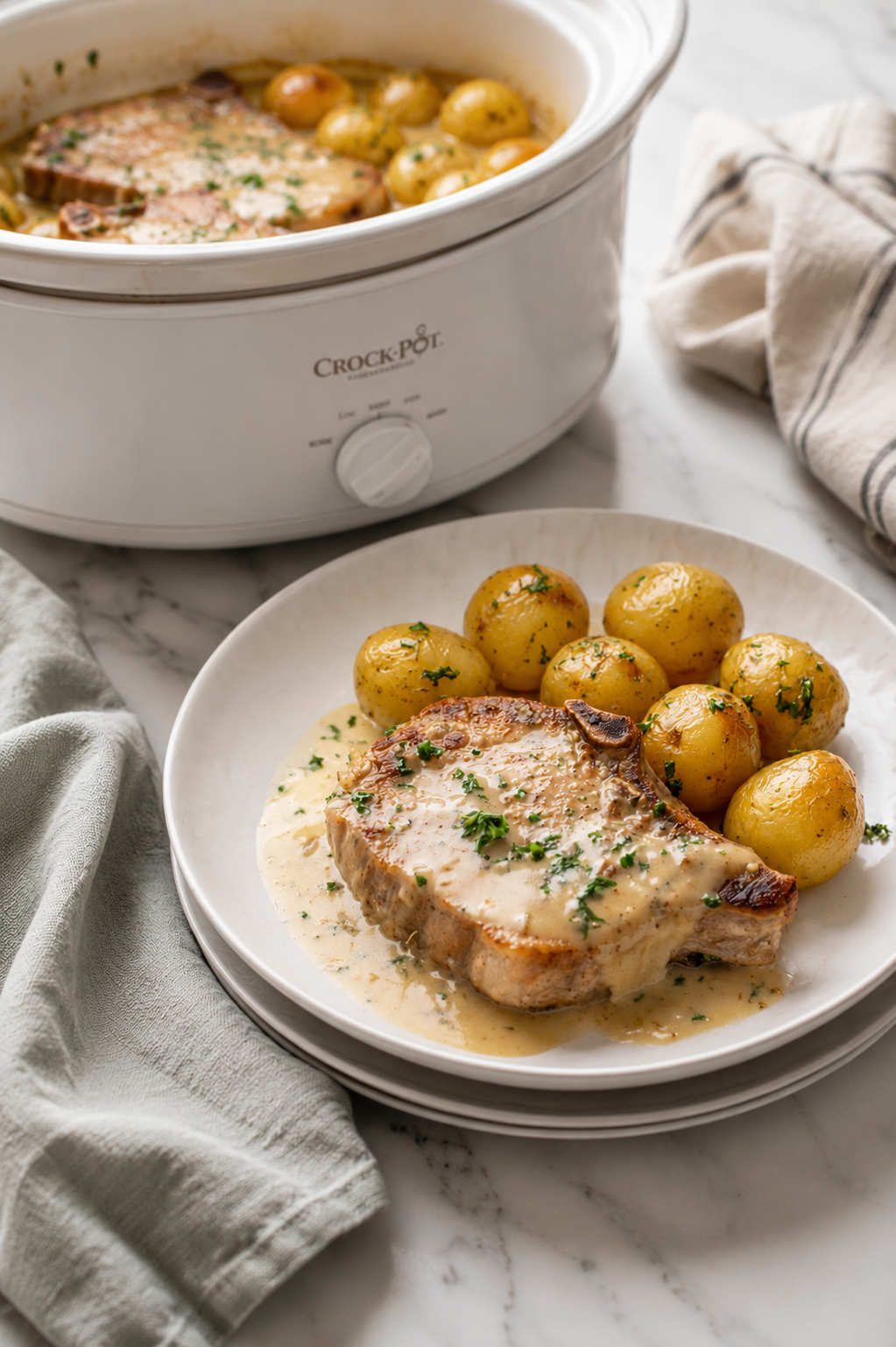 Crockpot Garlic Pork Chops & Potatoes