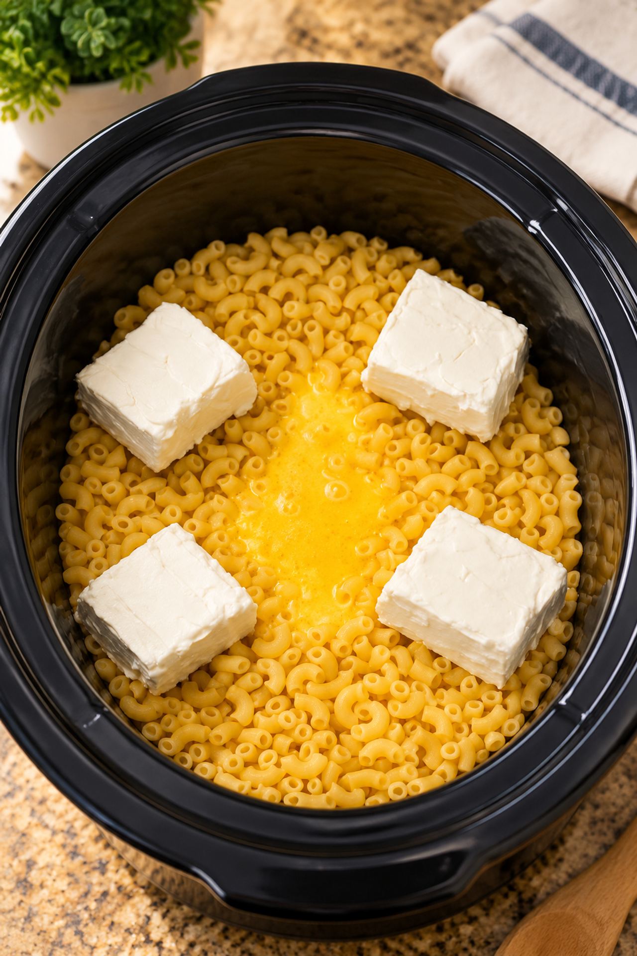 Dry elbow macaroni and 3 simple ingredients in the slow cooker make the ultimate weeknight