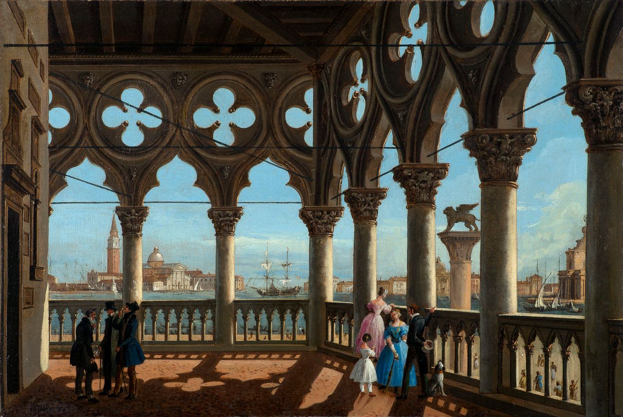 An 18th-century painting depicting the "Loggia of the Doge's Palace," capturing elegantly attired figures conversing along the ornate Gothic arcade overlooking the Venetian lagoon, sailboats, and the distant church and bell tower of San Giorgio Maggiore. | Source: Getty Images