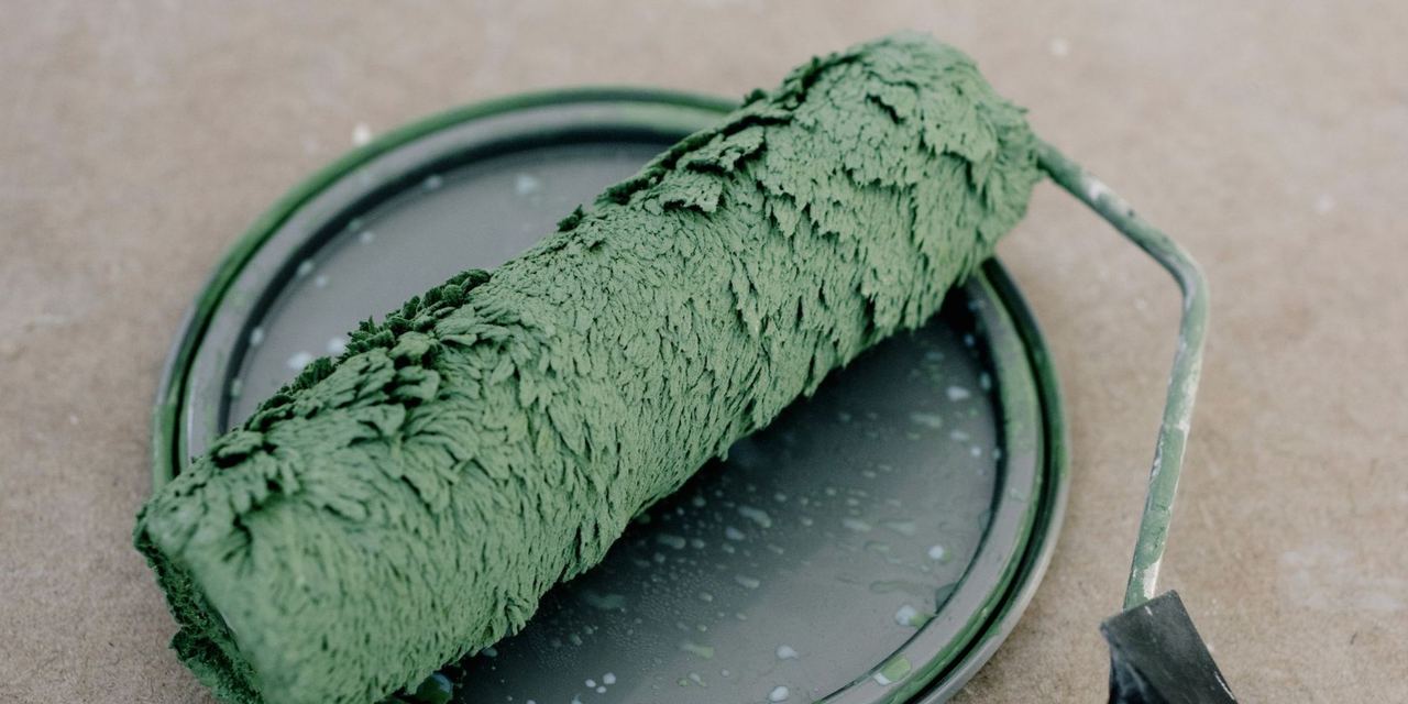 Close-up of a green textured paint roller resting in a tray | Source: Pexels