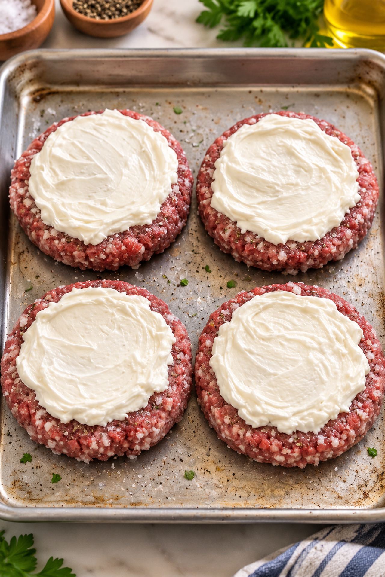 Place frozen beef burger patties on a baking sheet with only 3 pantry staples, and you’ll 