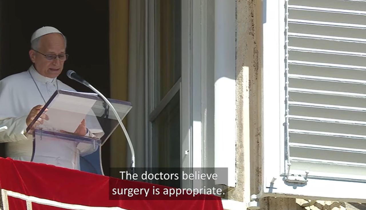 Pope Leo XIV addresses the faithful from a Vatican window during his Angelus prayer on October 11, 2026, explaining that doctors had discovered a small, localized nodule in his lung and recommended surgery to remove it. He said the growth was detected at a very early stage, thanked the crowd for their support, and asked them to keep him in their prayers.  | Source: YouTube/Vatican News - English
