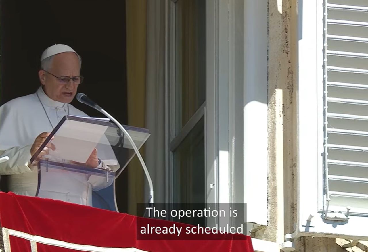 Pope Leo XIV reads from a document during his Angelus address at the Vatican on October 11, 2026, as he announces that surgery has been scheduled to remove a lung nodule. Vatican spokesman Matteo Bruni said the procedure was planned for early in the week, with an estimated postoperative recovery period of about one week. | Source: YouTube/Vatican News - English