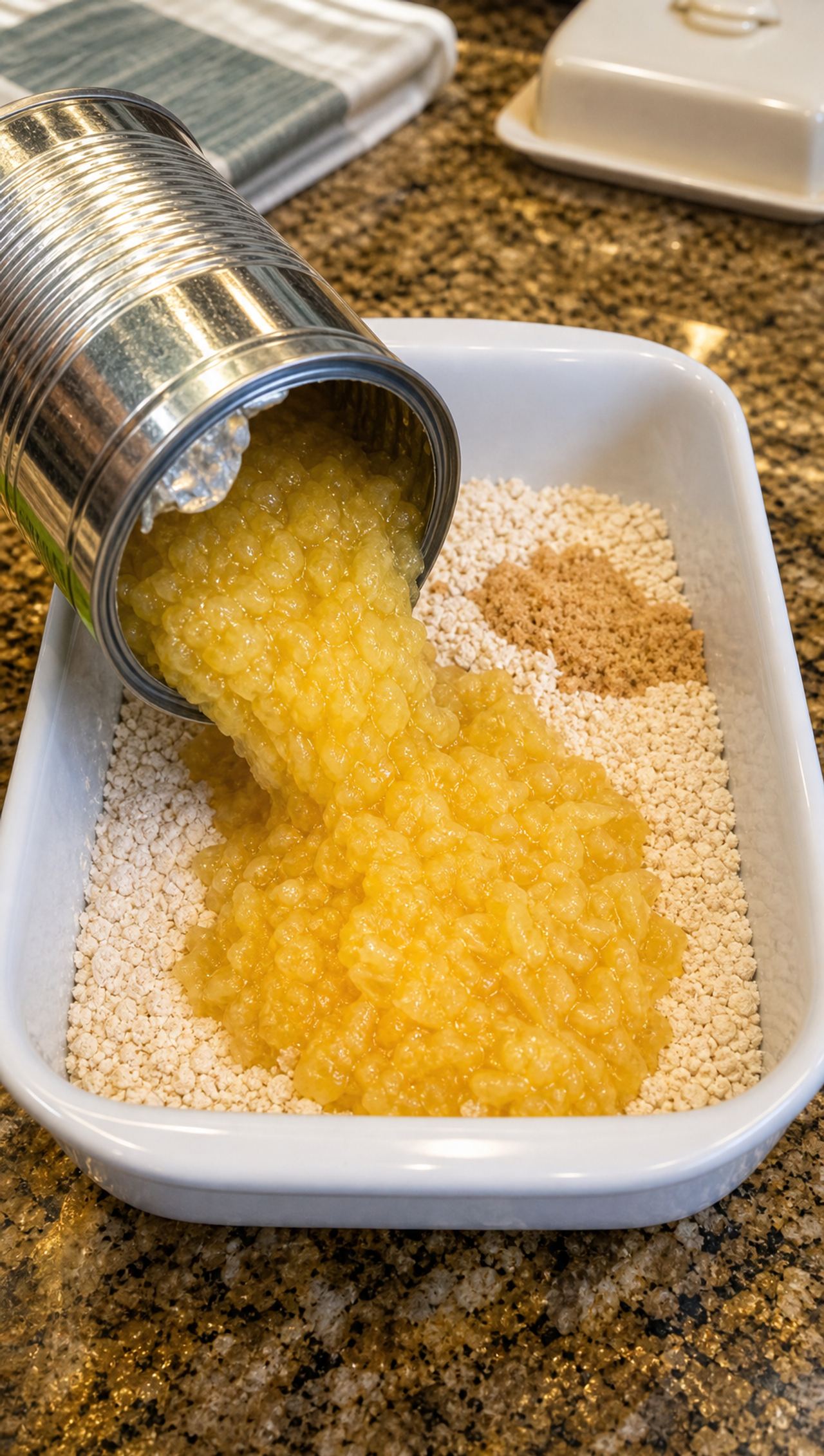 Pour a can of raw crushed pineapple directly into the baking dish with 3 other ingredients