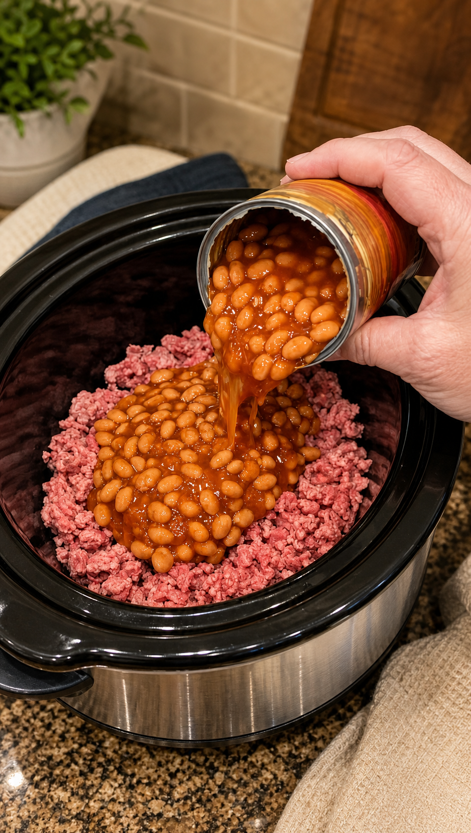 Pour canned baked beans over raw sliced russet potatoes, along with 2 more ingredients, in