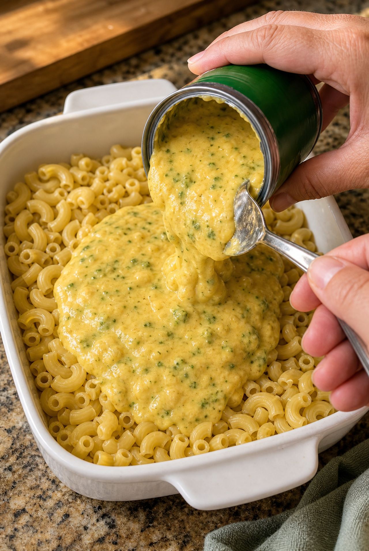 Pour canned broccoli cheese soup plus these 3 ingredients over elbow macaroni in a cassero