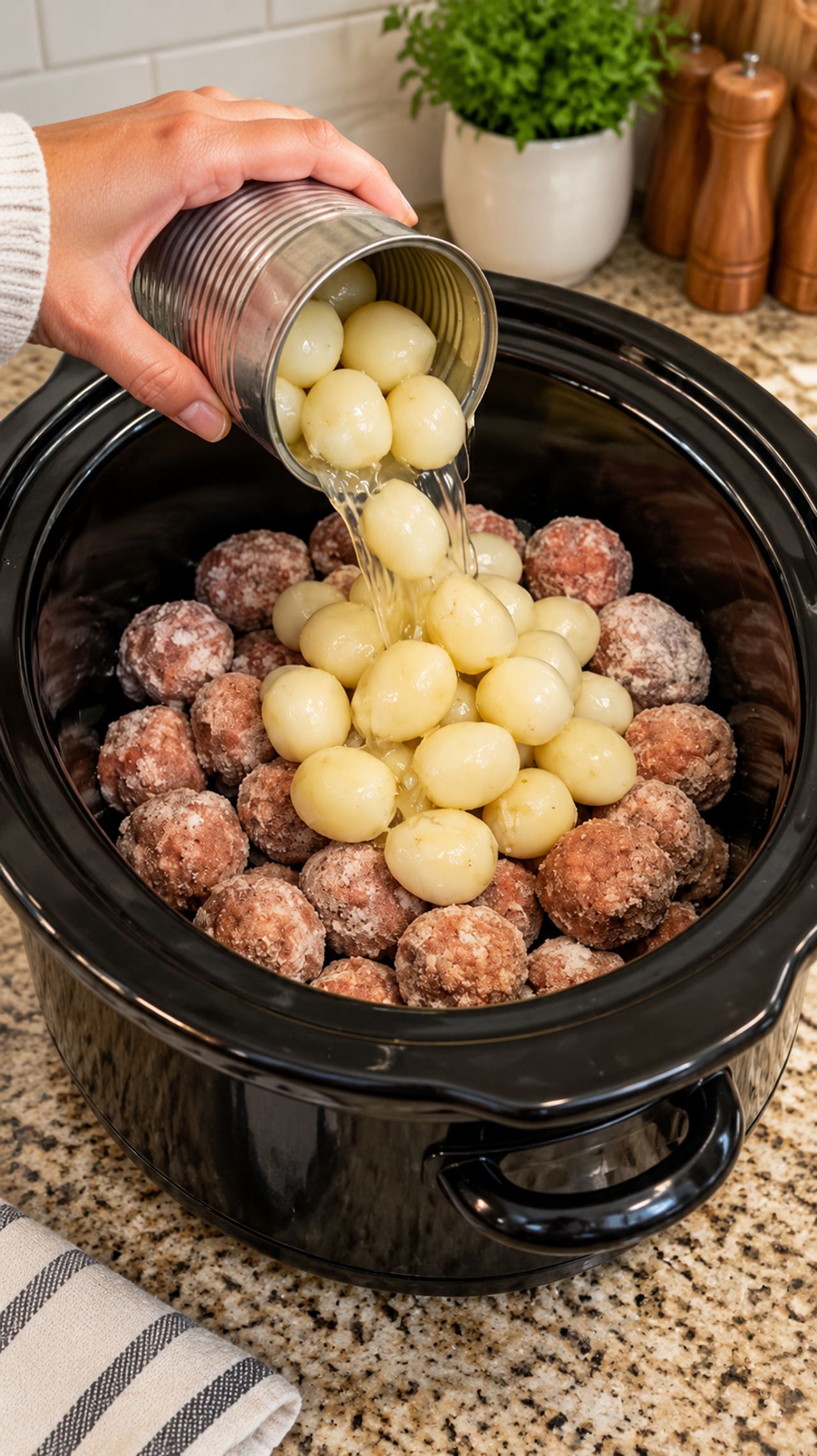 Pour canned whole potatoes over frozen uncooked meatballs, along with just two other ingre