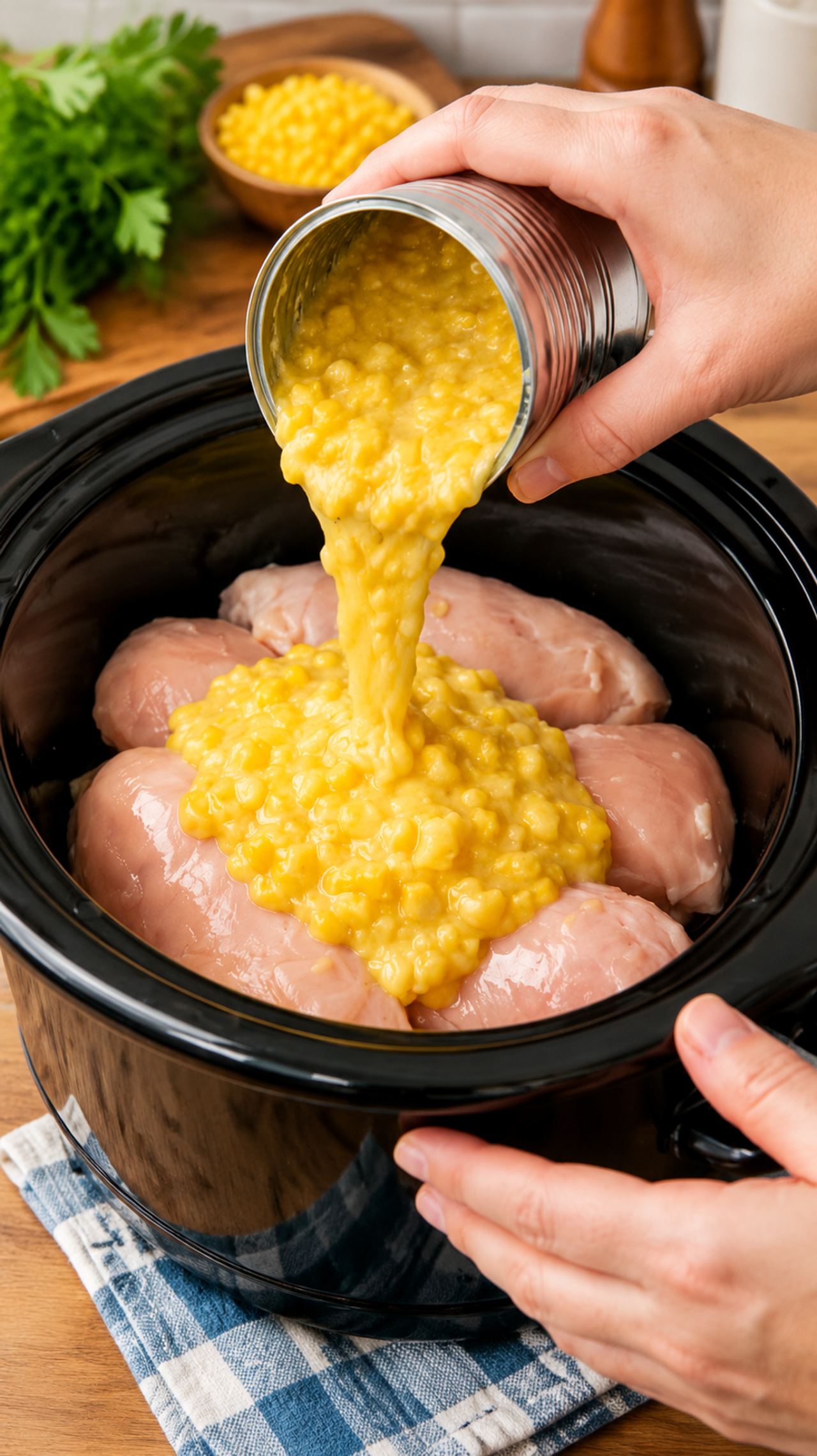 Pour cream-style corn over the chicken breasts, along with 2 more ingredients, into the sl
