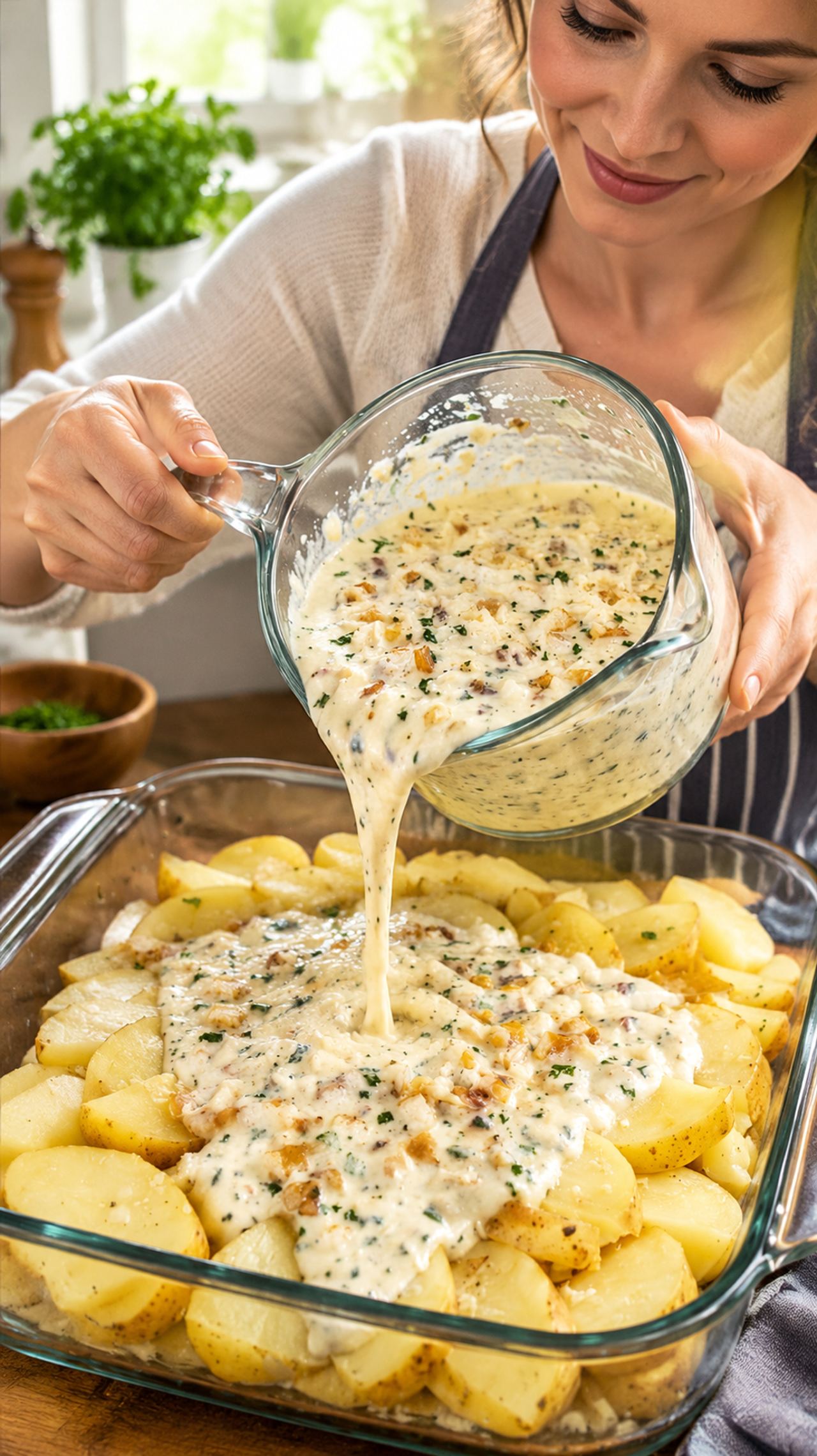 Pour this 1 creamy pour-over over potatoes into a glass casserole dish to bake up the ulti