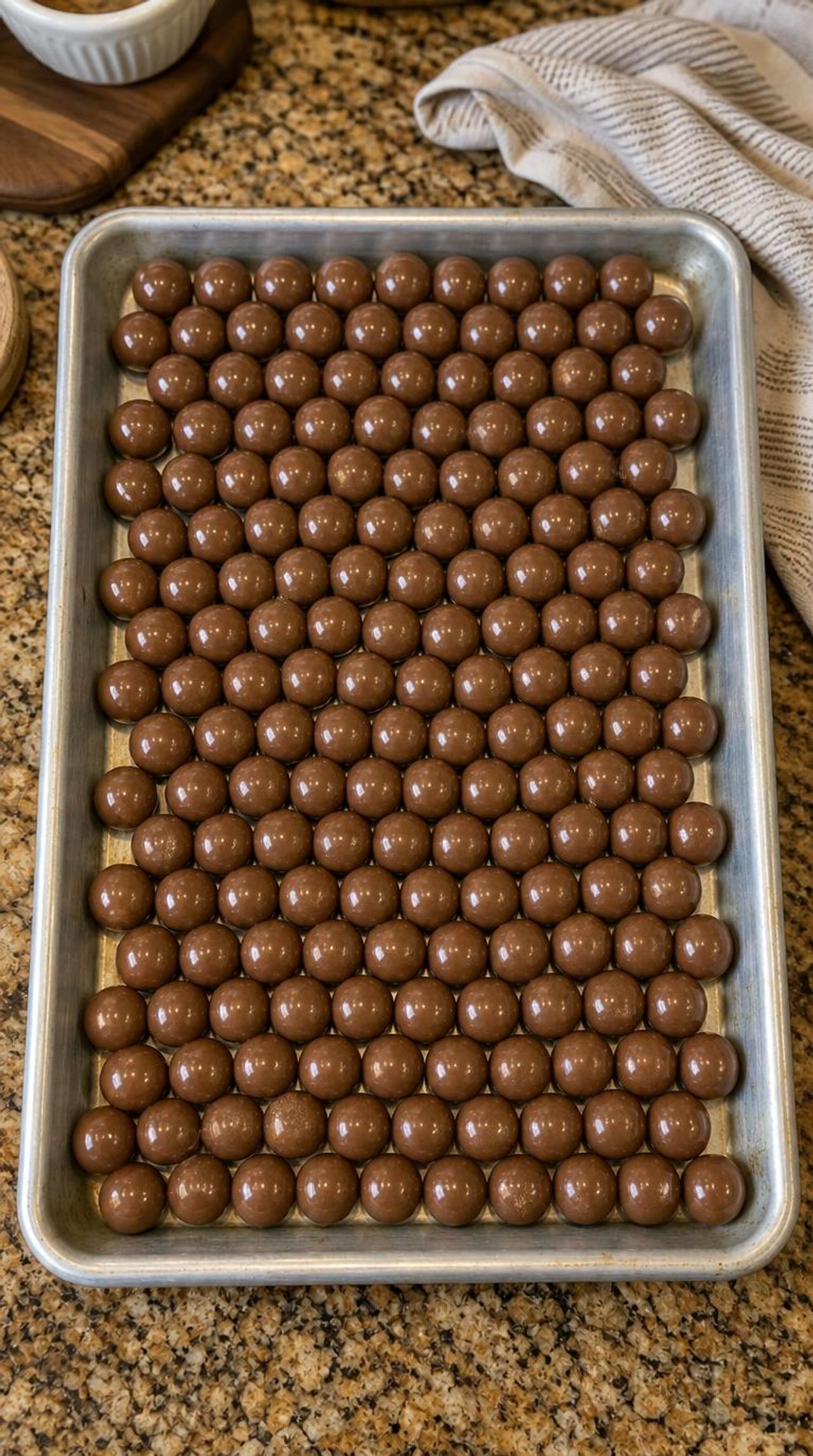 Pour whole, uncrushed malted milk balls into the sheet pan with 4 other basic ingredients 