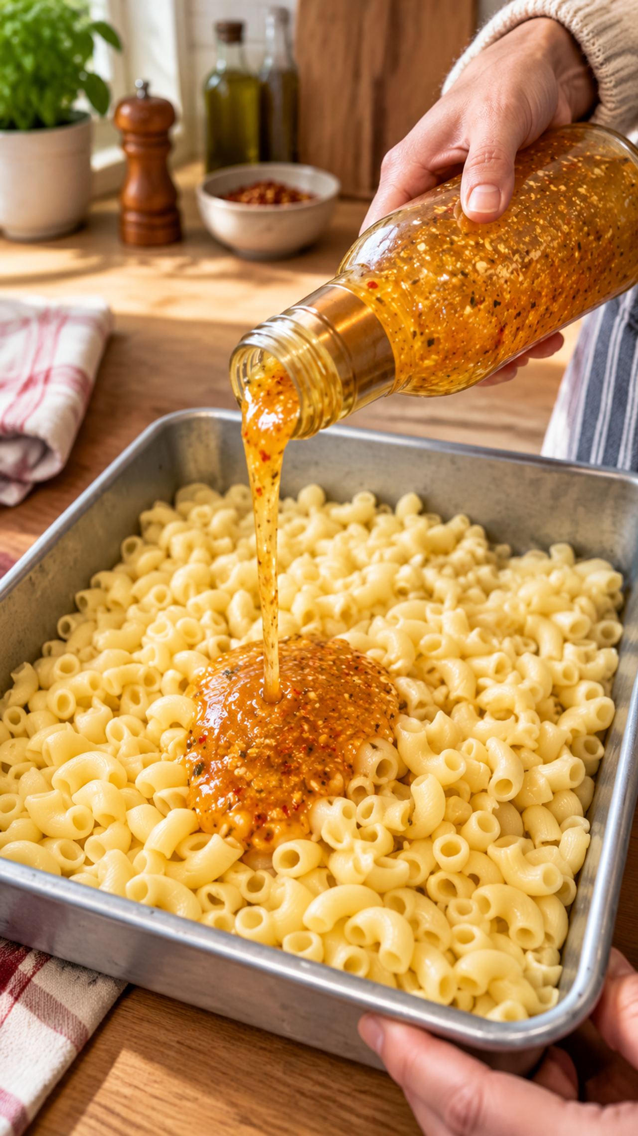 Pour zesty Italian dressing and these 3 ingredients over elbow macaroni in a baking pan fo